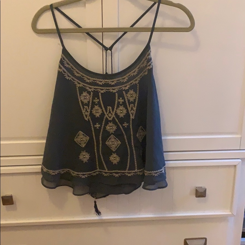 Ecote teal blue and white embroidered blouse tank
